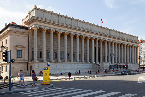 Lyon, France - June 10 2018: The Palais de justice historique de Lyon is a building located Quai Romain Rolland, on the right bank of the Saône, in the 5th arrondissement of Lyon. In 1996, it was classified as monument historique.