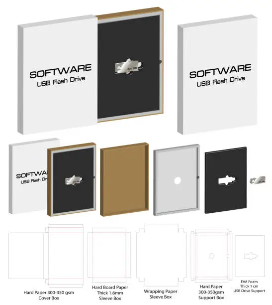 Vector illustration of rigid box for flash drive packaging die-cut mockup