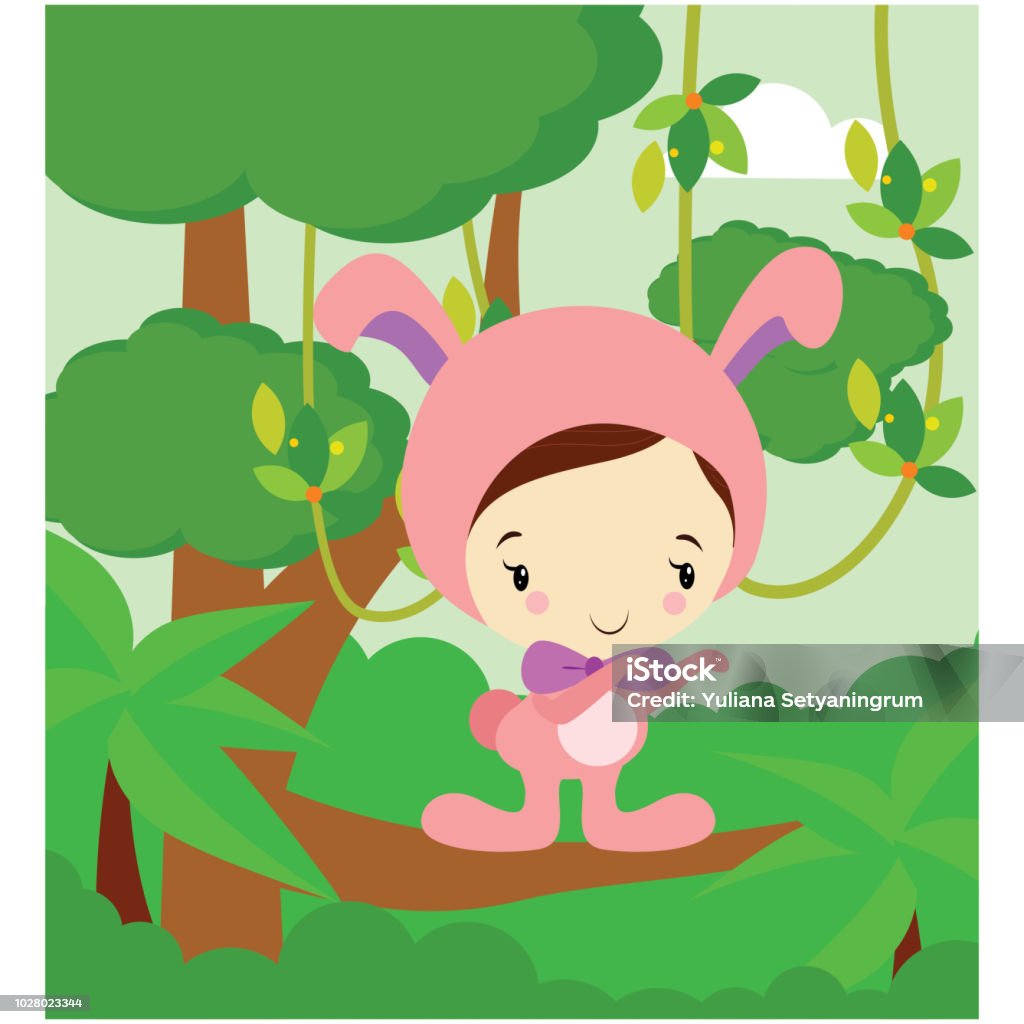 Sweet little girl looks happy and cheerful in the trees with rabbit costume, cartoon characters image or pictures of adorable and cheerful little girls playing happily in the outdoor Art stock vector