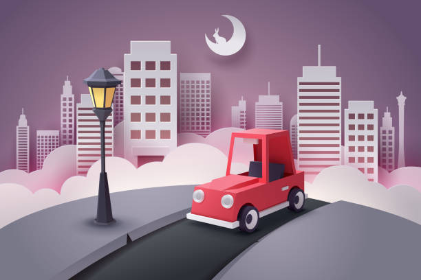 ilustrações, clipart, desenhos animados e ícones de arte de papel do carro vermelho correndo para fora da cidade à noite - cidade papel