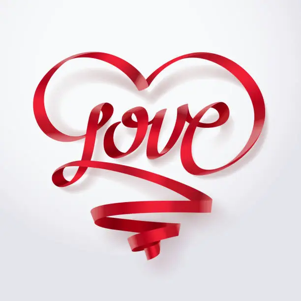 Vector illustration of Red ribbon of Love calligraphy and lettering, valentine's day and romance concept