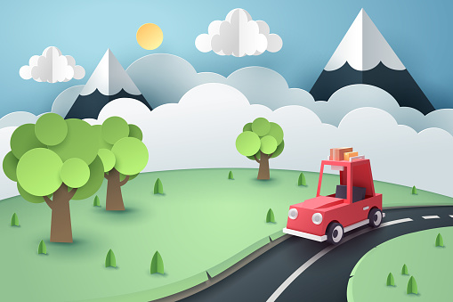 istock Paper art of red car stop at country road near forest and mountain, origami and travel concept 1028025834