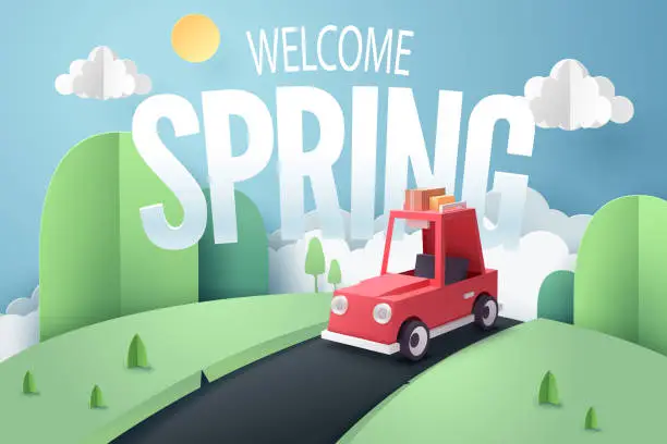 Vector illustration of Paper art of red car stop at country road near forest and mountain with welcome Spring text, origami and travel concept