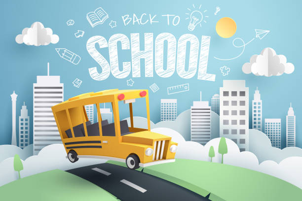 ilustrações, clipart, desenhos animados e ícones de papel de arte de fugir da cidade para a escola, volta ao conceito de escola de ônibus escolar - cidade papel