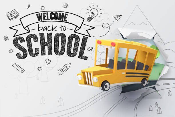 ilustraciones, imágenes clip art, dibujos animados e iconos de stock de arte de papel del autobús de la escuela saltando del papel bosquejado, regresar al concepto de escuela - transporte escolar