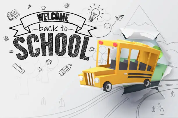 Vector illustration of Paper art of school bus jumping out from sketched paper, back to school concept