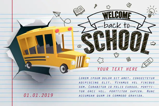 Vector illustration of Paper art of school bus jumping out from notepad, back to school concept