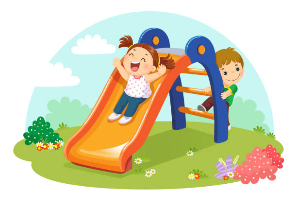 Cute kids having fun on slide in playground Vector illustration of cute kids having fun on slide in playground girl climbing ladder stock illustrations
