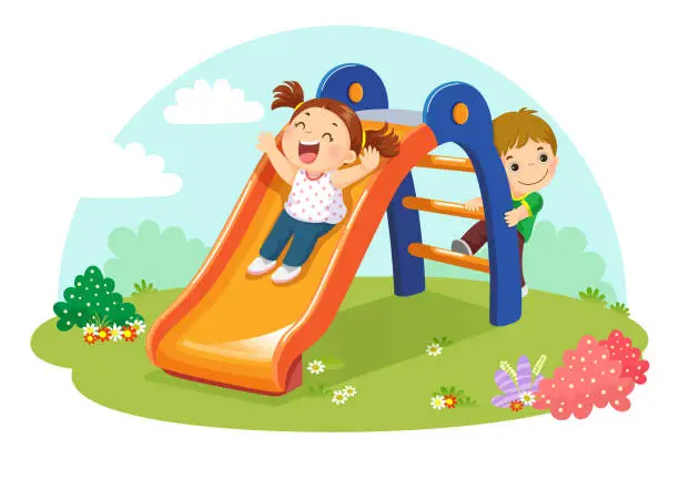 Vector illustration of Cute kids having fun on slide in playground