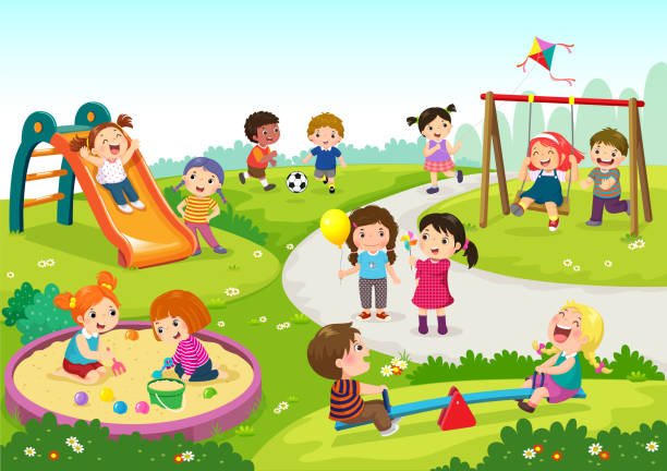 illustrazioni stock, clip art, cartoni animati e icone di tendenza di bambini felici che giocano nel parco giochi - parco pubblico illustrazioni