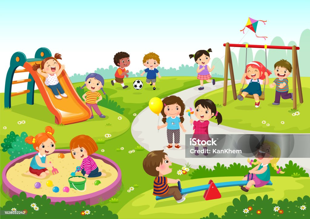 Happy children playing in playground - Royalty-free Criança arte vetorial