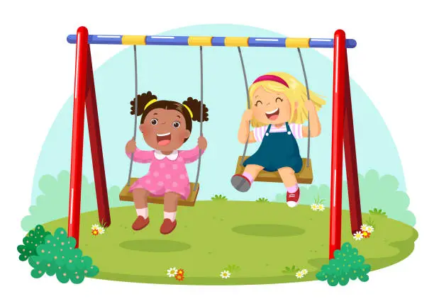 Vector illustration of Cute kids having fun on swing in playground