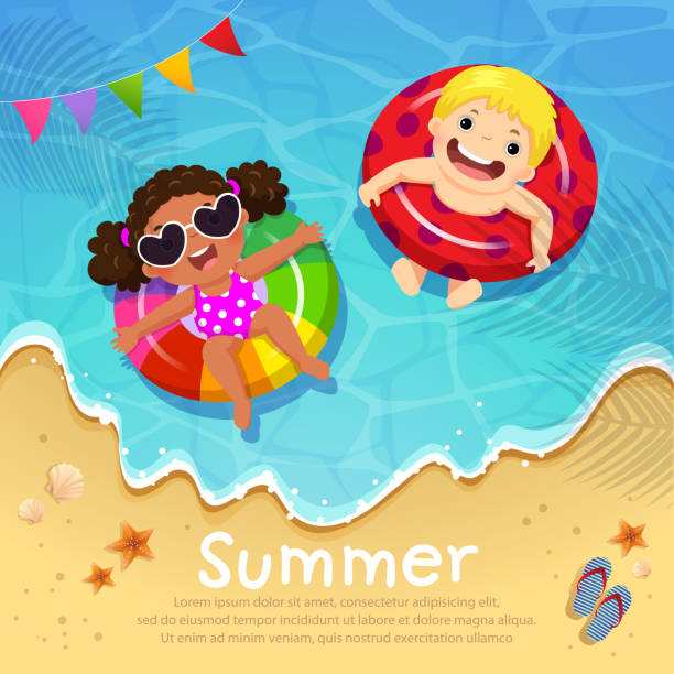 ilustrações de stock, clip art, desenhos animados e ícones de kids floating on inflatable at the beach in summer time. template for advertising brochure - summer swimming beach vacations