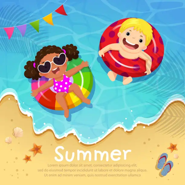 Vector illustration of Kids floating on inflatable at the beach in summer time. Template for advertising brochure