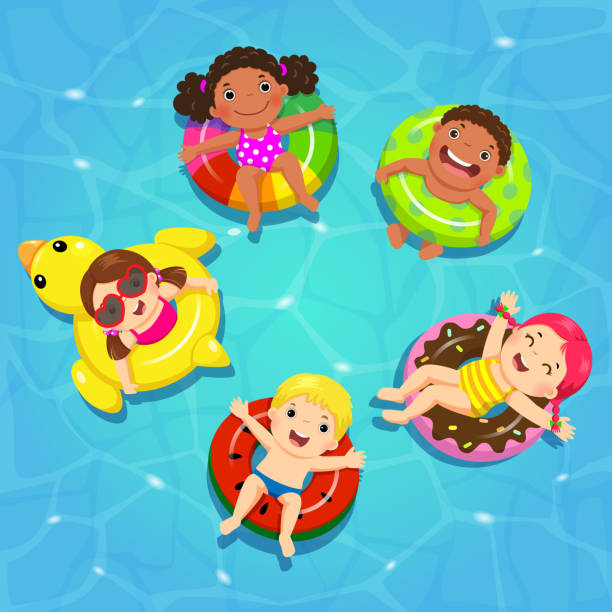 верхний вектор зрения детей, плавающих на надувной в бассейне - duck swimming pool animal bird stock illustrations