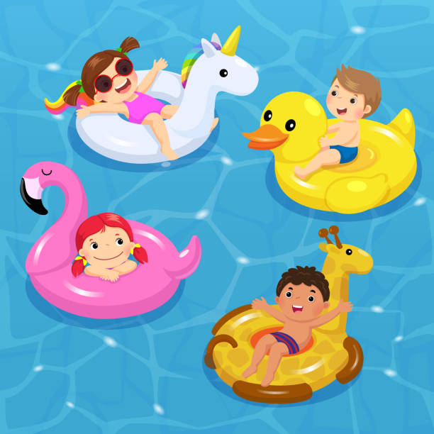 вектор детей, плавающих на надувных формах единорога, утки, фламинго, жирафа - duck swimming pool animal bird stock illustrations