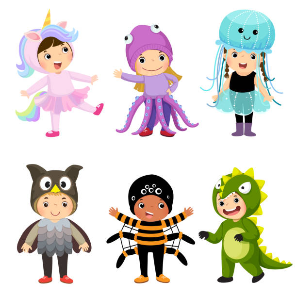 ilustraciones, imágenes clip art, dibujos animados e iconos de stock de dibujos animados de vector de niños lindos animales disfraces de conjunto. ropa de carnaval para niños. - disfraz