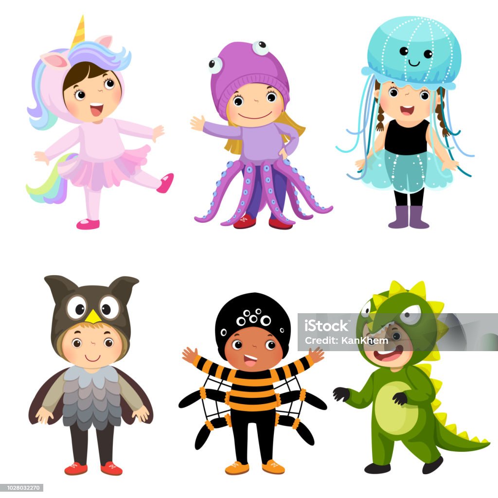 Vector cartoon of cute kids in animal costumes set. Carnival clothes for children. Child stock vector
