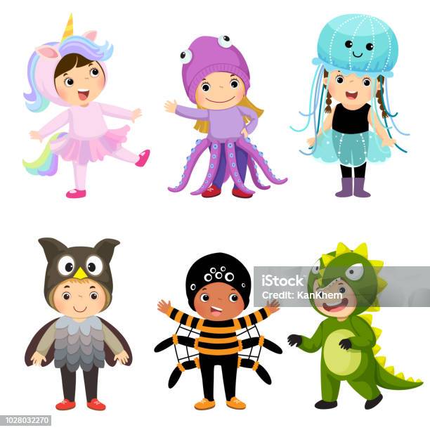 Vector Cartoon Of Cute Kids In Animal Costumes Set Carnival Clothes For Children Stock Illustration - Download Image Now