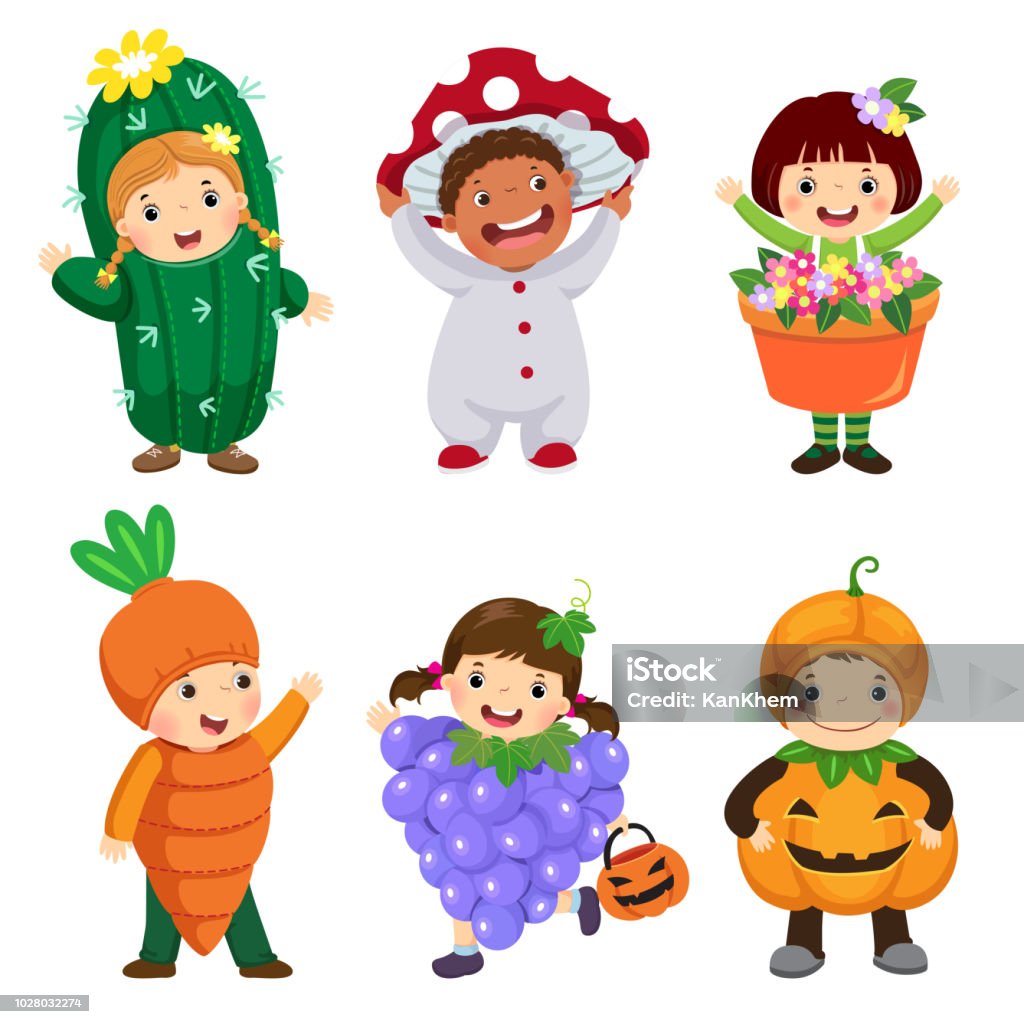 Vector Cartoon Of Cute Kids In Plant Costumes Set Carnival Clothes For  Children Stock Illustration - Download Image Now - iStock