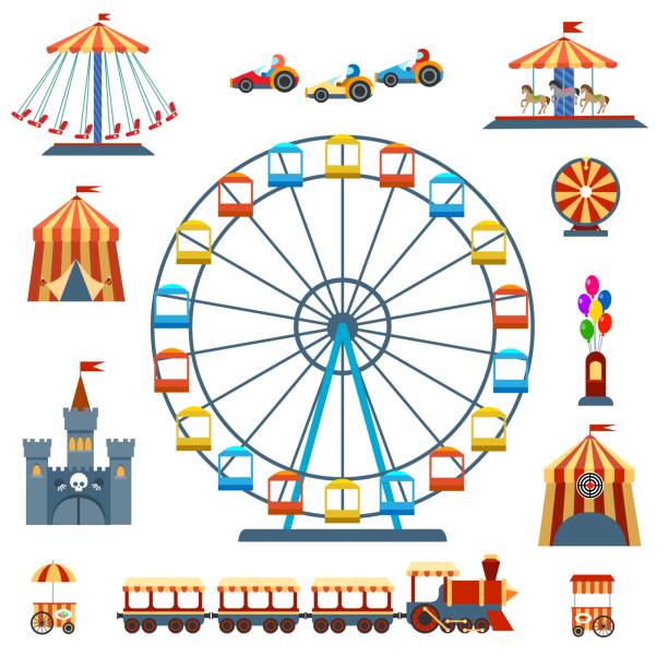 парк развлечений изолированные иконы - carnival park clip art wheel stock illustrations