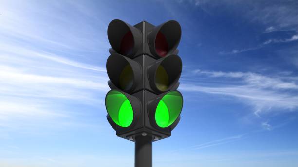 istock Traffic lights on green, with blue sky background 1028053248
