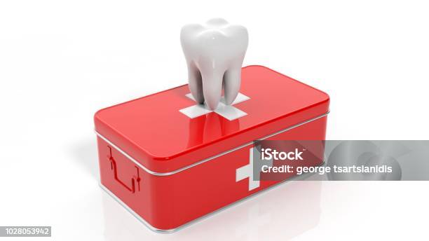 3d Rendering Of Tooth And First Aid Kit Isolated On White Background Stock Photo - Download Image Now