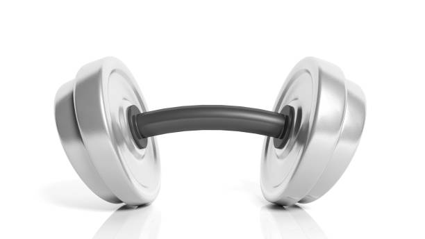 istock 3D rendering of adjustable metallic dumbbell with a bend, isolated on white background. 1028056980