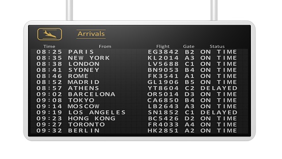 3D rendering of airport digital arrivals timetable.Isolated
