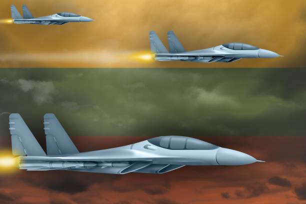 istock Lithuania air forces strike concept. Air planes attack on Lithuania flag background. 3d Illustration 1028065010