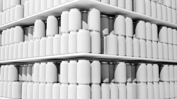 istock 3D rendering with closeup on supermarket shelves with blank templates cans. 1028067296