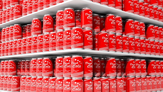 3D rendering with closeup on supermarket shelves with cola cans.