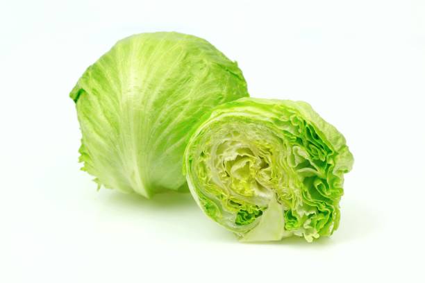 iceberg lettuce and one cut half, on white background. - iceberg lettuce imagens e fotografias de stock