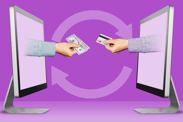 istock computer concept, two hands from computers. hand with cash money and hand with credit card. 3d illustration 1028067682