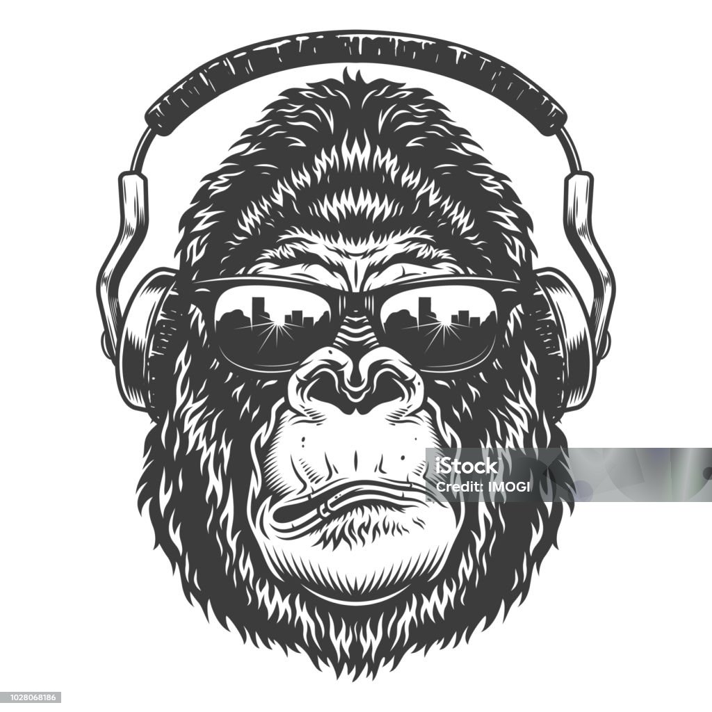 Serious gorilla in monochrome style Serious gorilla in monochrome style with headphones. Vector illustration Gorilla stock vector