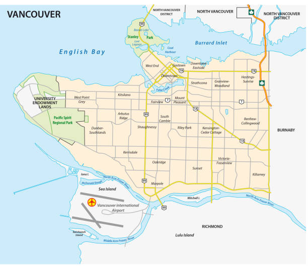 vancouver road and nighborhood map vancouver road and nighborhood vector map vancouver financial district stock illustrations