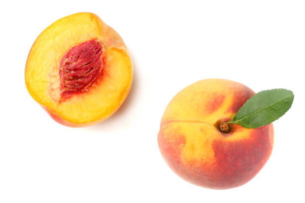 istock peach fruit with green leaf and slices isolated on white background. top view 1028078298