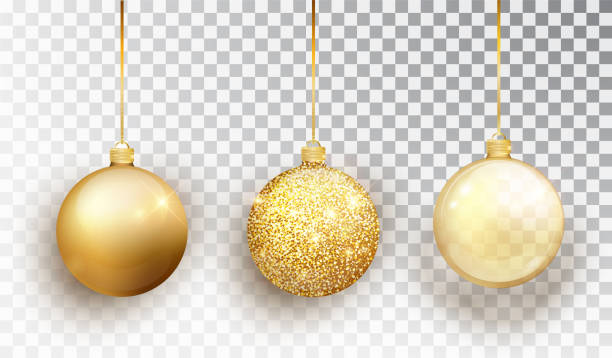 ゴールドのクリスマス ツリー グッズ セットは、透明な背景に分離されました。クリスマスの飾りをストッキングします。クリスマス デザインのベクトル オブジェクトのモックアップ。リ� - クリスマスツリー　イラスト点のイラスト素材／クリップアート素材／マンガ素材／アイコン素材