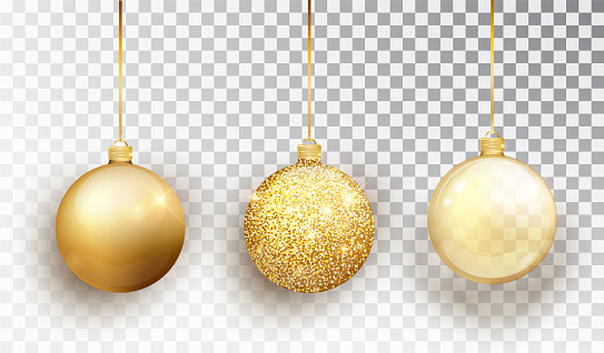 Gold Christmas tree toy set isolated on a transparent background. Stocking Christmas decorations. Vector object for Christmas design, mockup. Vector realistic object Illustration 10 EPS