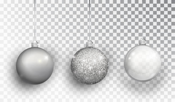 silber weihnachtsbaum-spielzeug-set isoliert auf einem transparenten hintergrund. strumpf weihnachtsschmuck. vector-objekt für weihnachtsmotiv, mock-up. realistische vektorobjekt abbildung 10 eps. - christmas ornament christmas christmas decoration sphere stock-grafiken, -clipart, -cartoons und -symbole