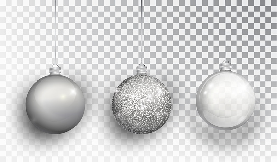 Silver Christmas tree toy set isolated on a transparent background. Stocking Christmas decorations. Vector object for christmas design, mockup. Vector realistic object Illustration 10 EPS