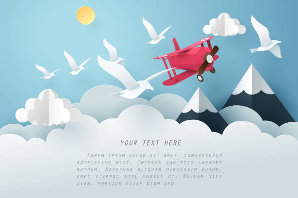 종이 예술 새와 비행기 구름, 여행, 자유 개념 위에 비행 - travel airplane sky cloud stock illustrations