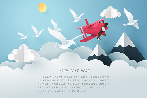 Paper art bird and airplane fly above the cloud, travel and freedom concept, vector art and illustration.