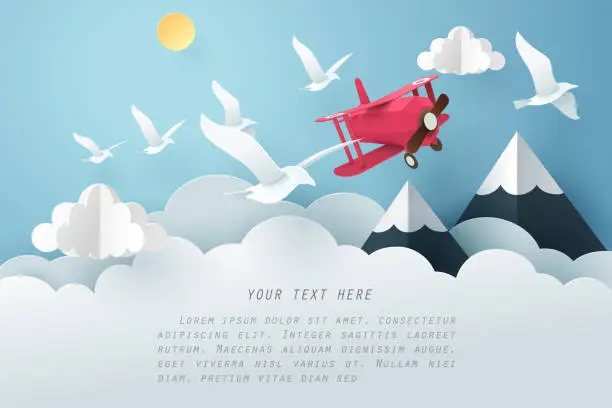 Vector illustration of Paper art bird and airplane fly above the cloud, travel and freedom concept