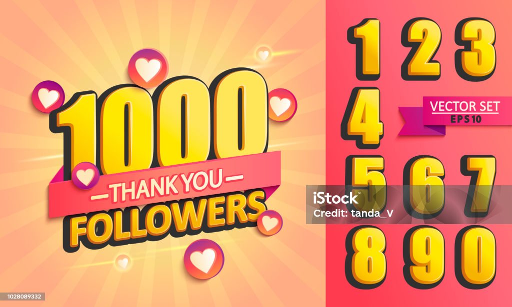 Set of numbers for Thank you followers Design. Set of numbers for Thanks followers design.Thank you followers congratulation card. Vector illustration for Social Networks. Web user or blogger celebrates and tweets a large number of subscribers. Number 1000 stock vector