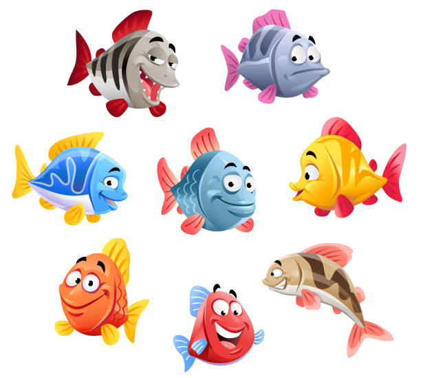 Cute Fish A set of eight funny colorful cartoon fish, isolated on white. fish stock illustrations