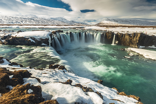 Godafoss waterfall in iceland winter on sunny day
