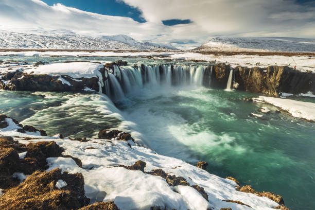 Godafoss waterfall in iceland winter on sunny day Godafoss waterfall in iceland winter on sunny day akureyri stock pictures, royalty-free photos & images