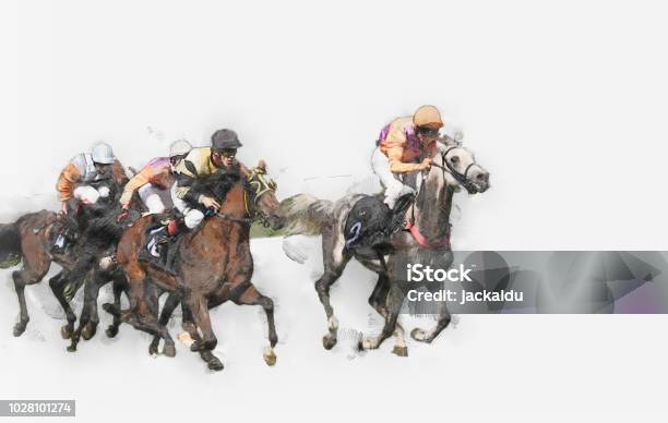 Horse Race Riding Sport Jockeys Competition Horses Running Watercolor Painting Illustration Stock Illustration - Download Image Now