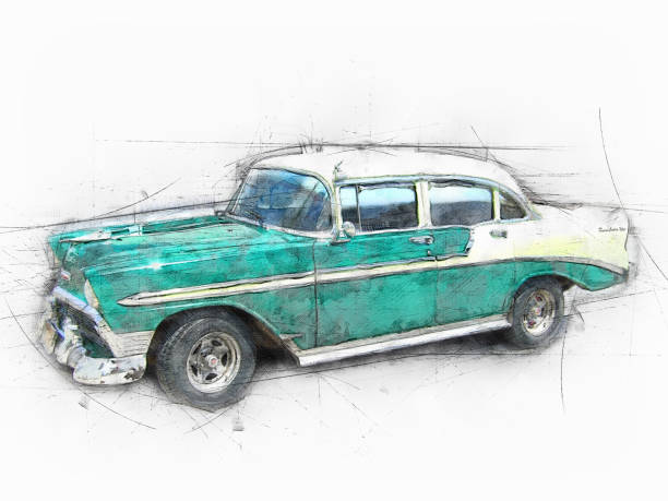 istock Classic car on the street. Old car Cuba. Drawing 1028101308